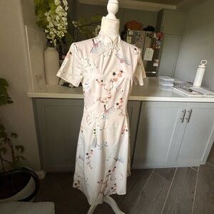 Cheongsam Qipao Chinese Mandarin Crane Print Lunar New Year Dress